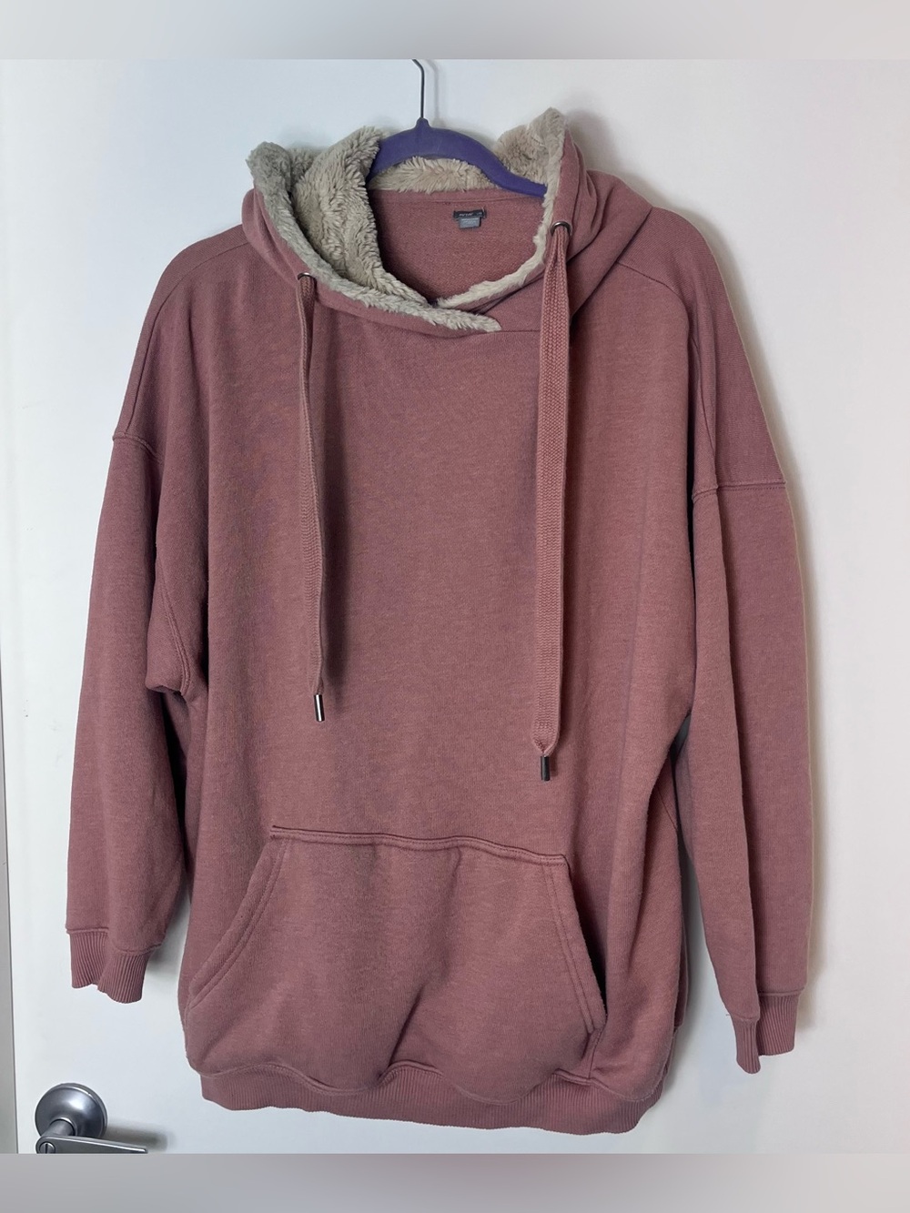 Aerie Faux Fur Lined Pullover Hoodie Dusty Rose Pink Mauve Size Large Sherpa